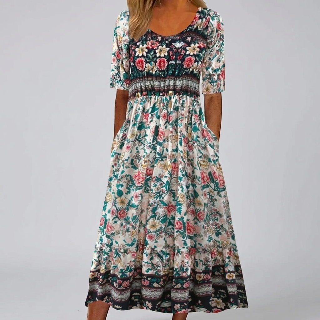 Robe Midi Imprimée Col Carré Boho