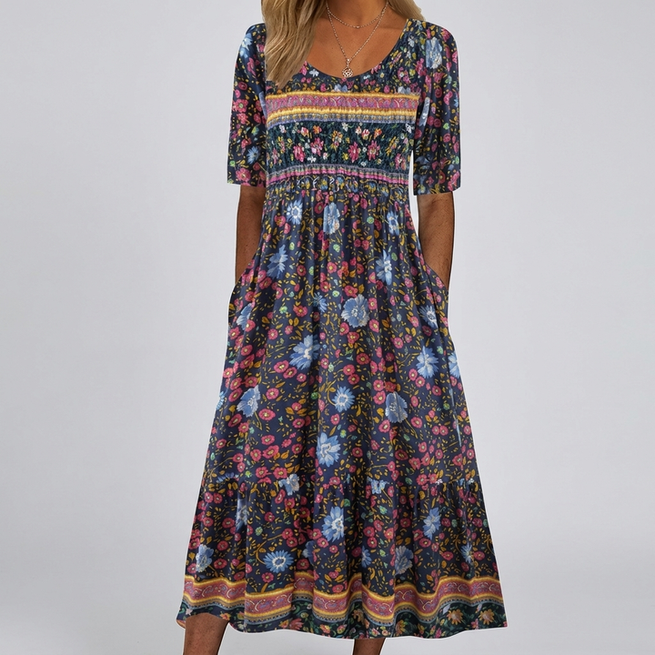 Robe Midi Imprimée Col Carré Boho