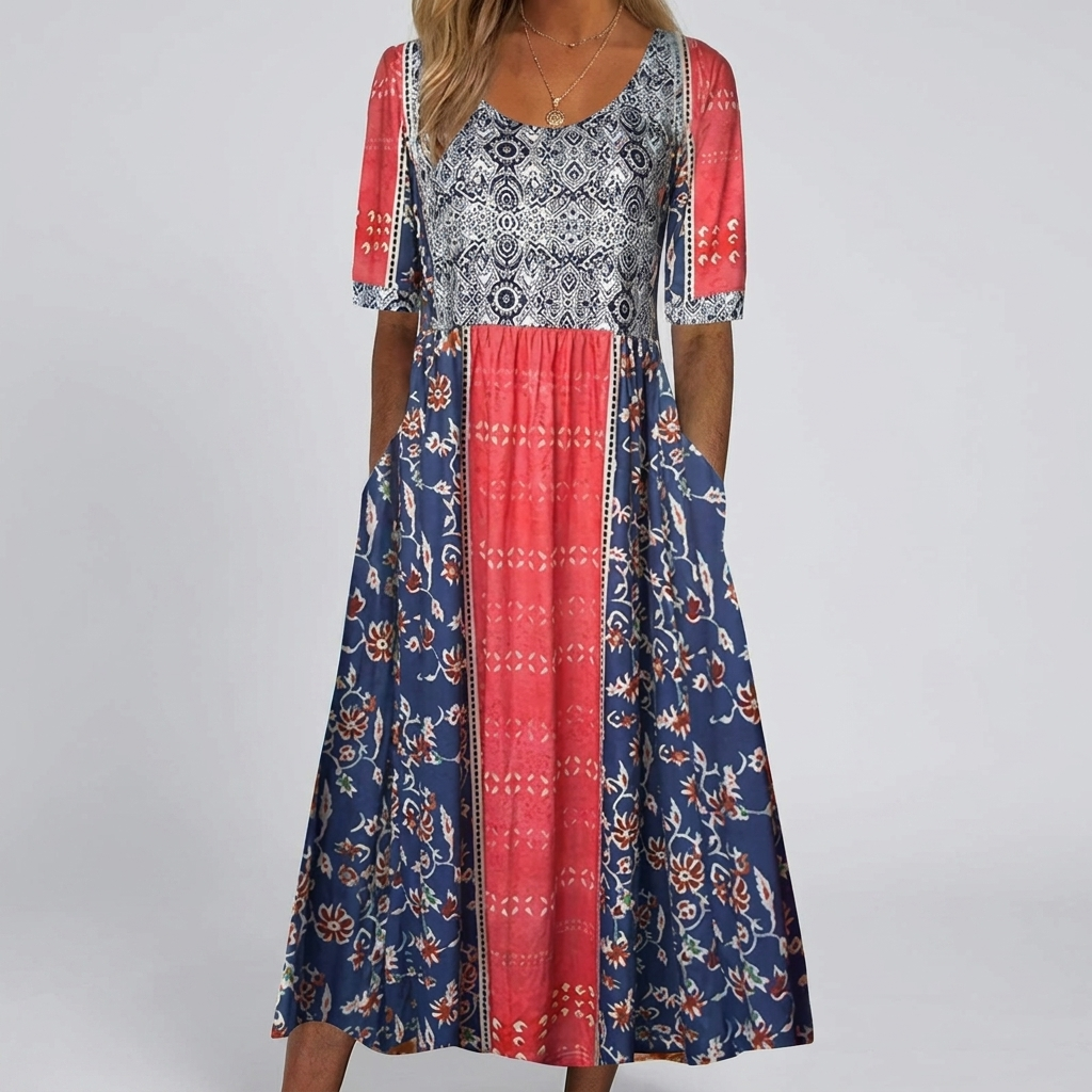 Robe Midi Imprimée Col Carré Boho