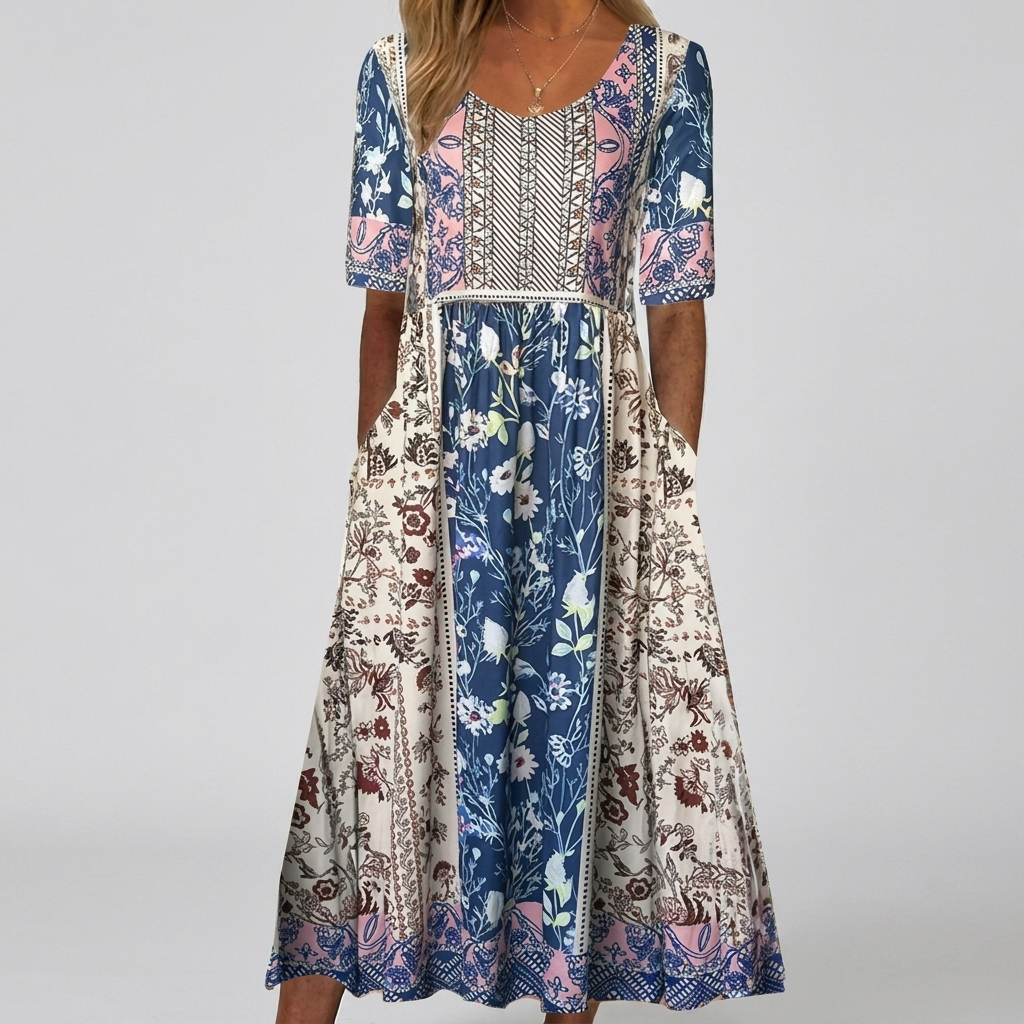 Robe Midi Imprimée Col Carré Boho