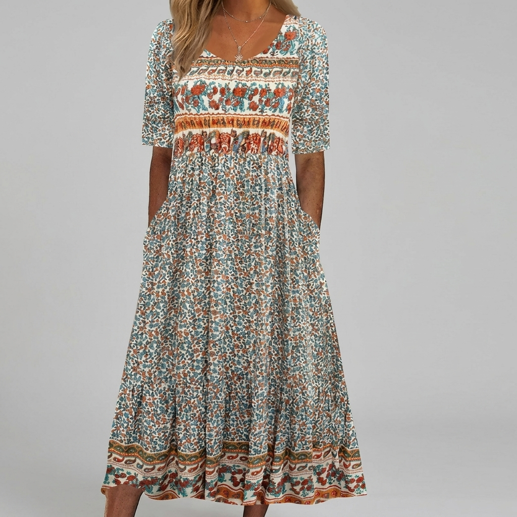 Robe Midi Imprimée Col Carré Boho