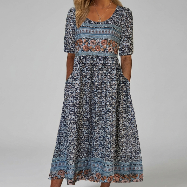 Robe Midi Imprimée Col Carré Boho