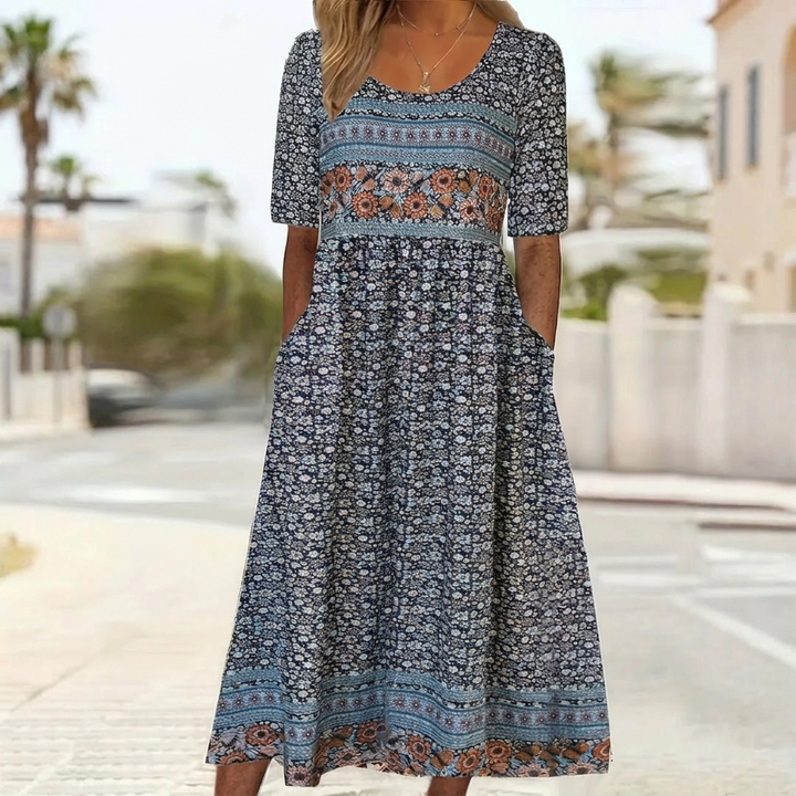 Robe Midi Imprimée Col Carré Boho