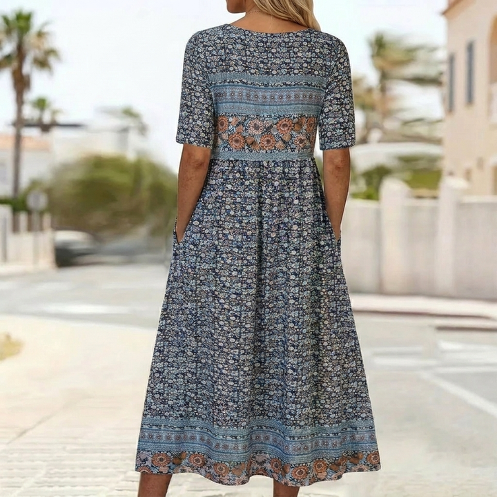 Robe Midi Imprimée Col Carré Boho