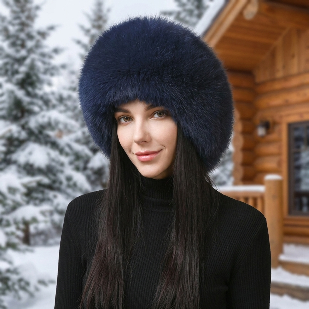 Chapeau d'hiver en fourrure de renard fausse-naturelle avec boucles d'oreilles