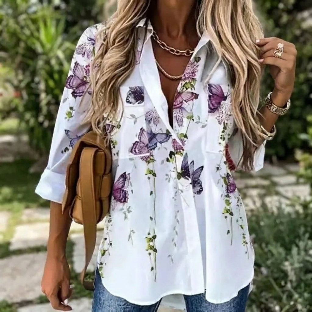 Blouse Florale Contrastante – Top Casual Quotidien pour Femme