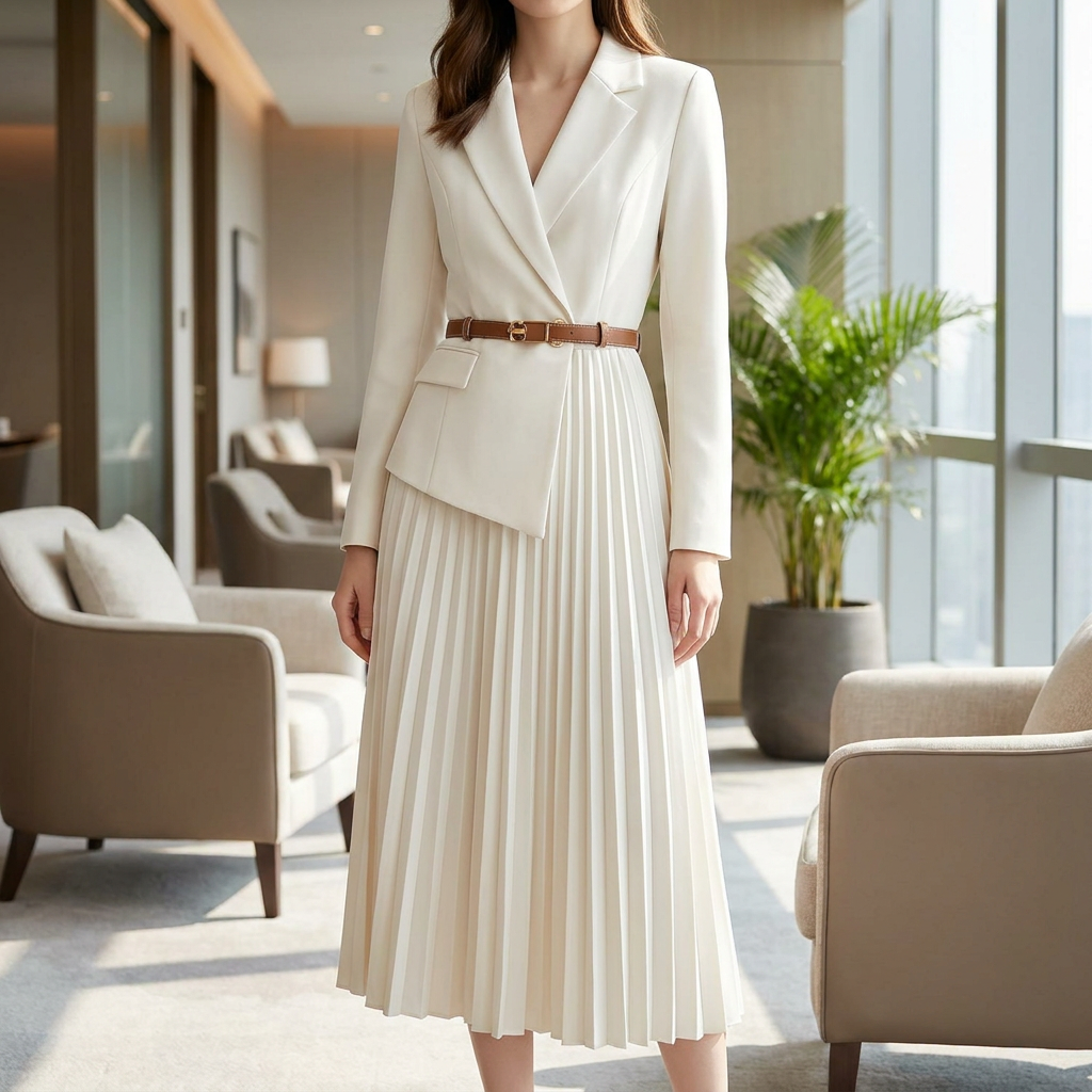 Robe Midi Plissée Ceinturée
