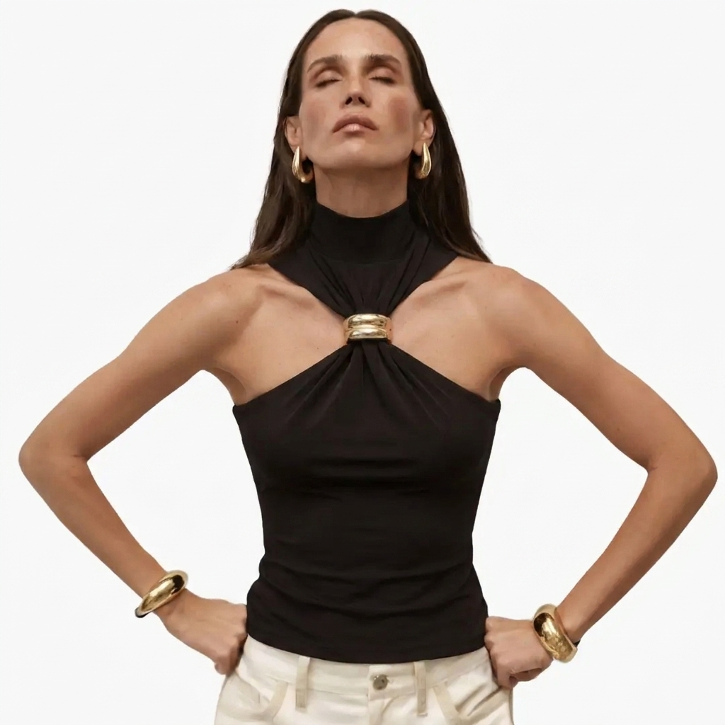 Haut Halter Col Haut Chic avec Accent Or