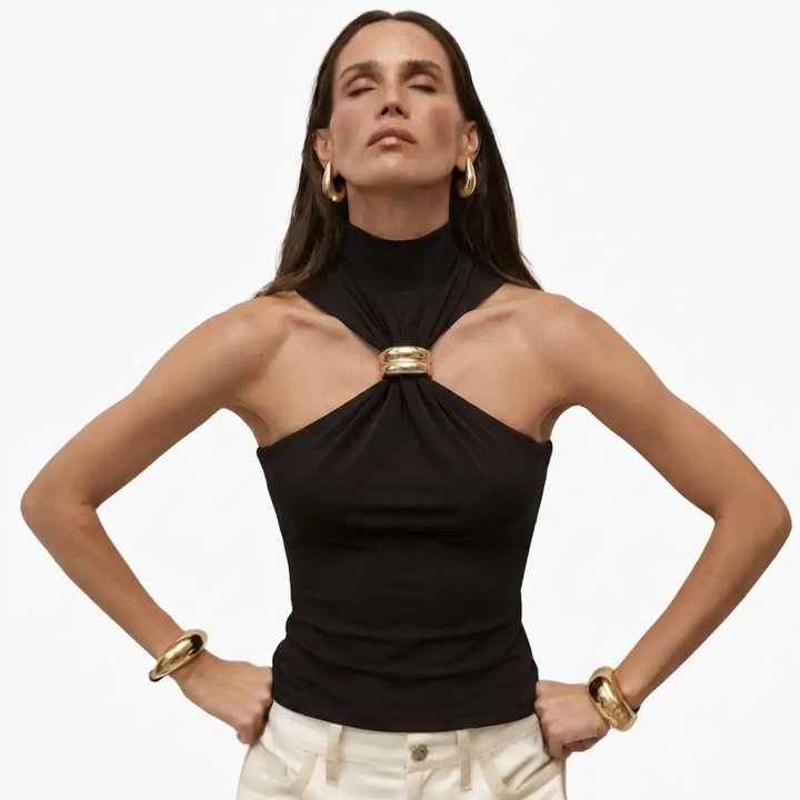 Haut Halter Col Haut Chic avec Accent Or