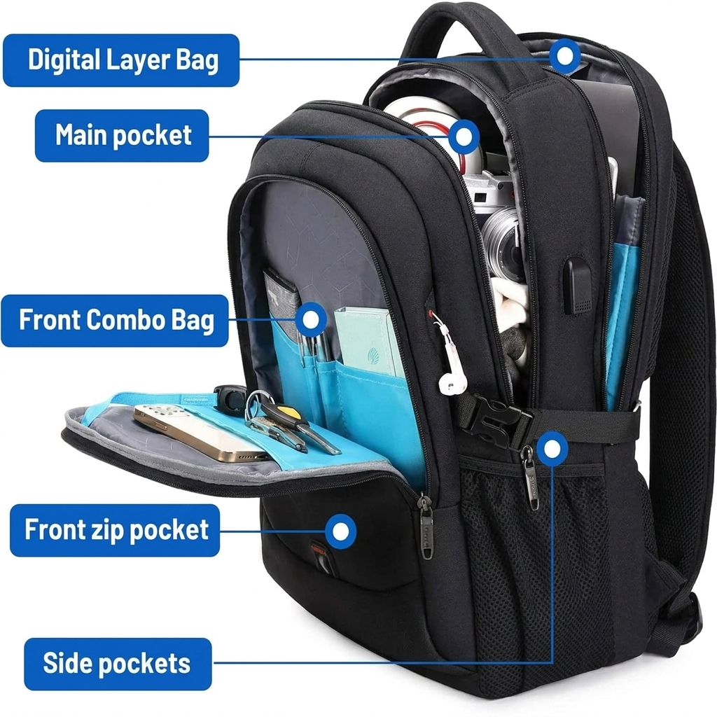 Sac à dos étanche pour ordinateur portable et voyage avec compartiments organisés