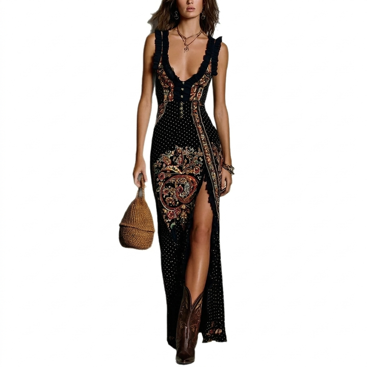 Robe élégante débardeur sans manches jupe longue fendue