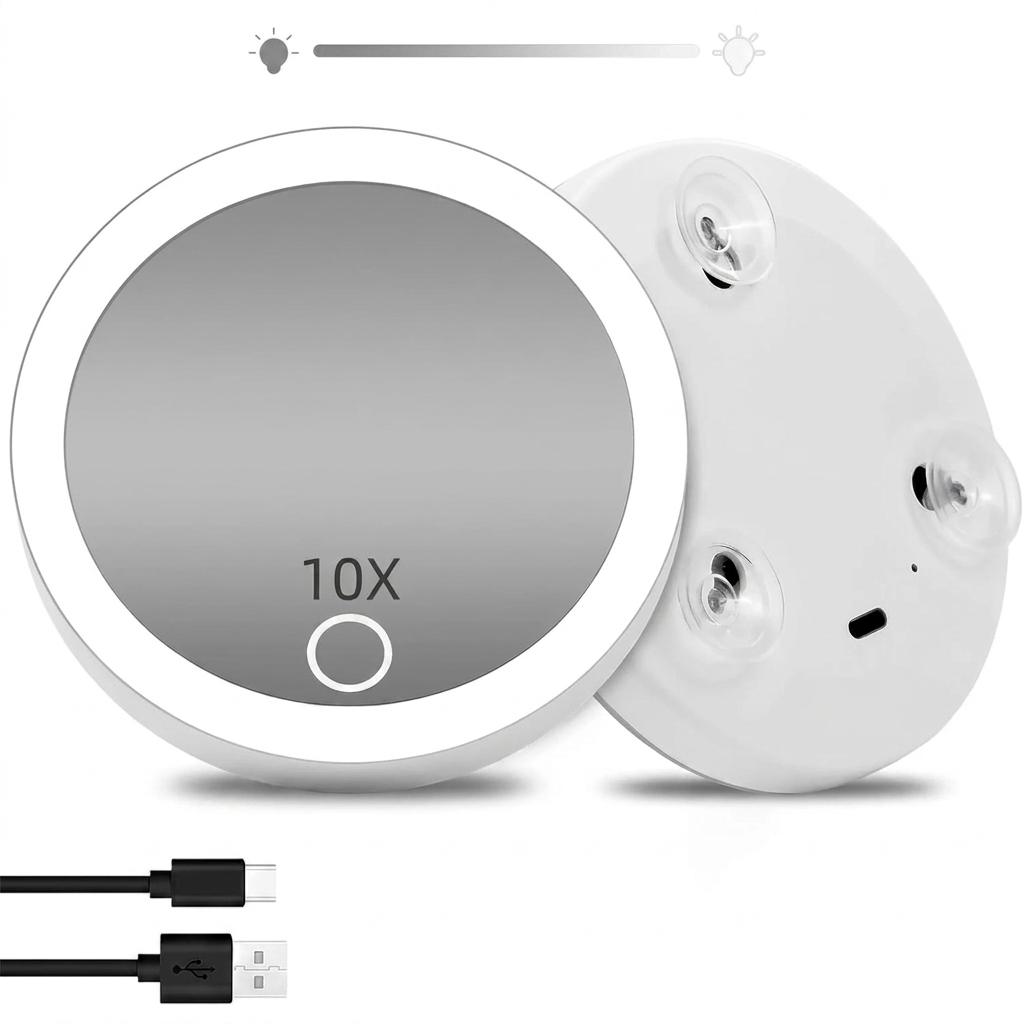 Miroir de maquillage LED agrandissant rond de 10 cm avec ventouse