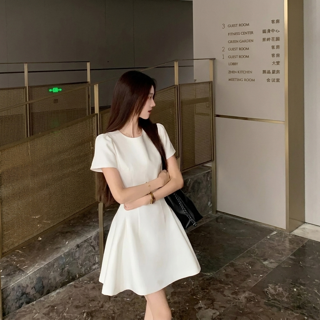 Robe Élégante à Manches Courtes Qui Fait Paraître les Silhouettes Petites Plus Grandes