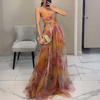 Robe Maxi Femme – Multicolore, Bretelles Fines, Col en V, Silhouette Fluide
