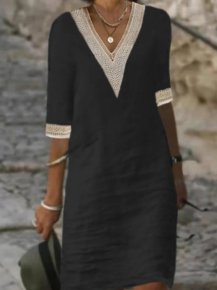 Robe Casual Femme Mélange Lin Col V Bordure Dentelle