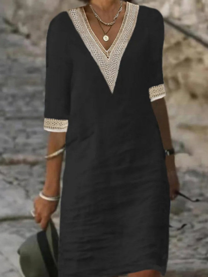 Robe Casual Femme Mélange Lin Col V Bordure Dentelle