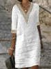 Robe Casual Femme Mélange Lin Col V Bordure Dentelle