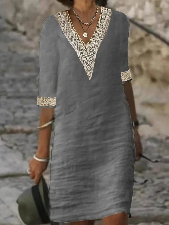 Robe Casual Femme Mélange Lin Col V Bordure Dentelle