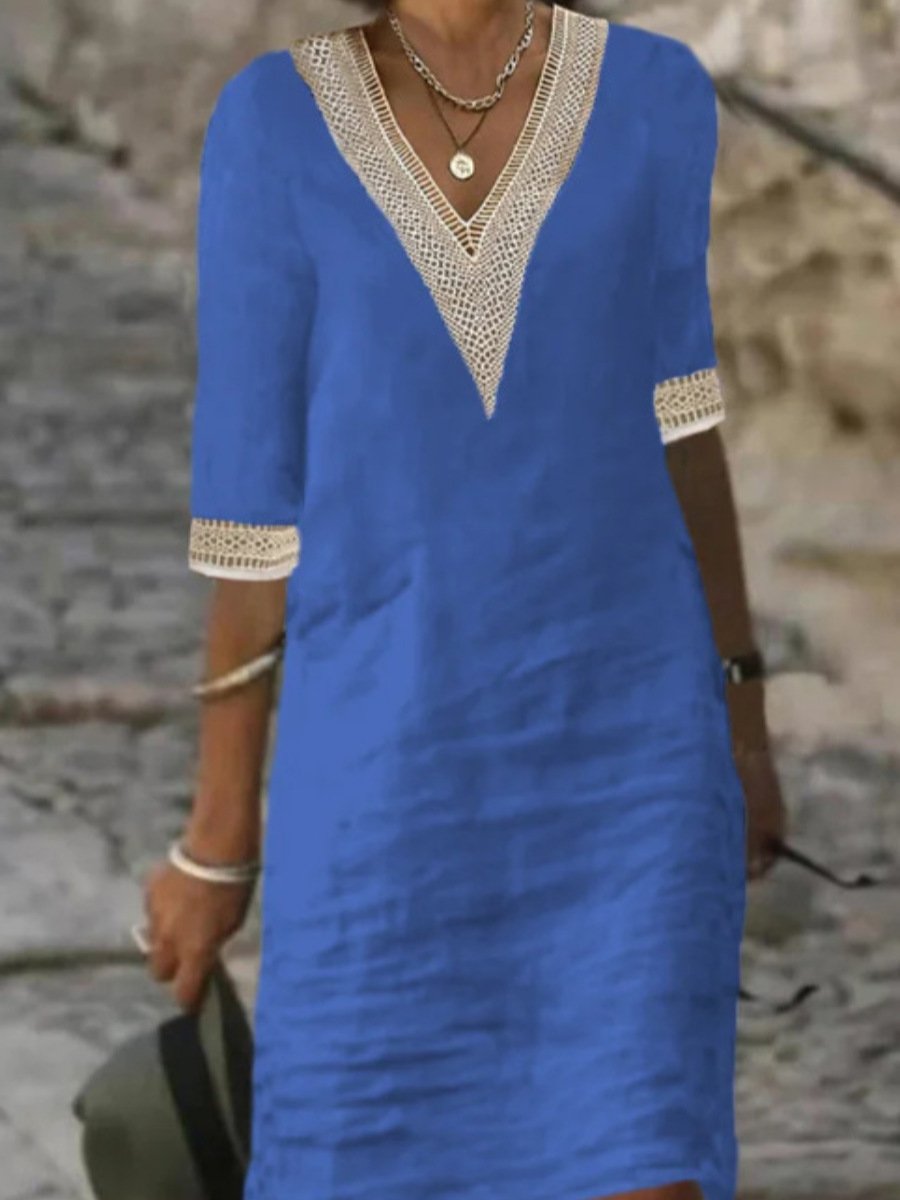 Robe Casual Femme Mélange Lin Col V Bordure Dentelle