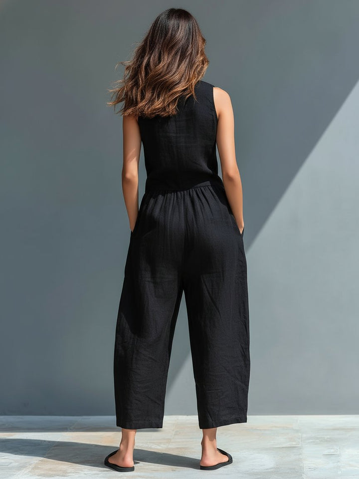 Chloe | Jumpsuit Linen Blend Stand Collar Button-Up Sleeveless