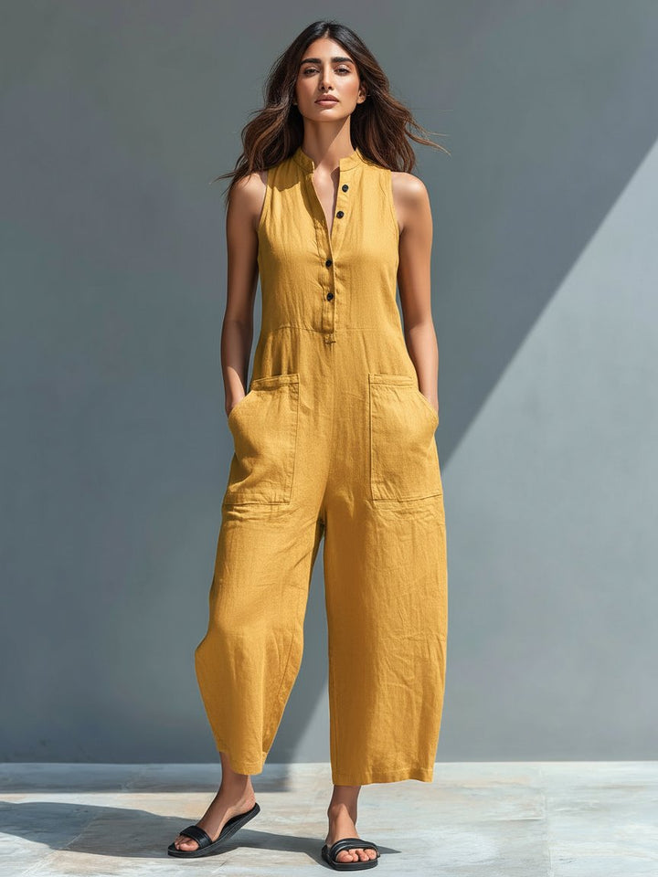 Chloe | Jumpsuit Linen Blend Stand Collar Button-Up Sleeveless