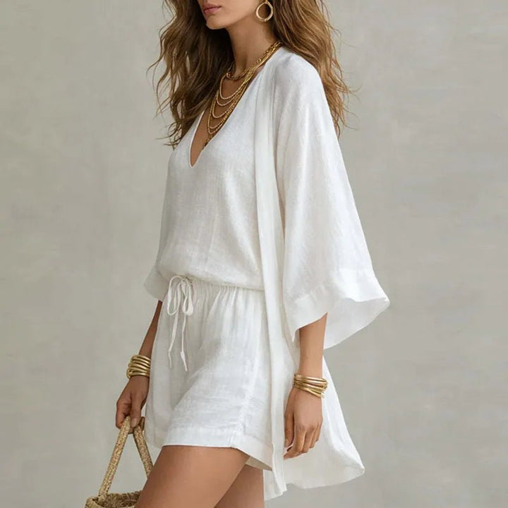 Madison | Linen 3 Piece Set V-Neck Top Drawstring Shorts Kimono