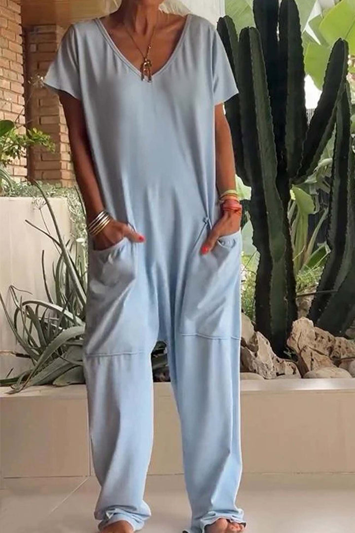 Layla | Linen Blend Jumpsuit V-Neck Short Sleeve Wide Leg Pockets