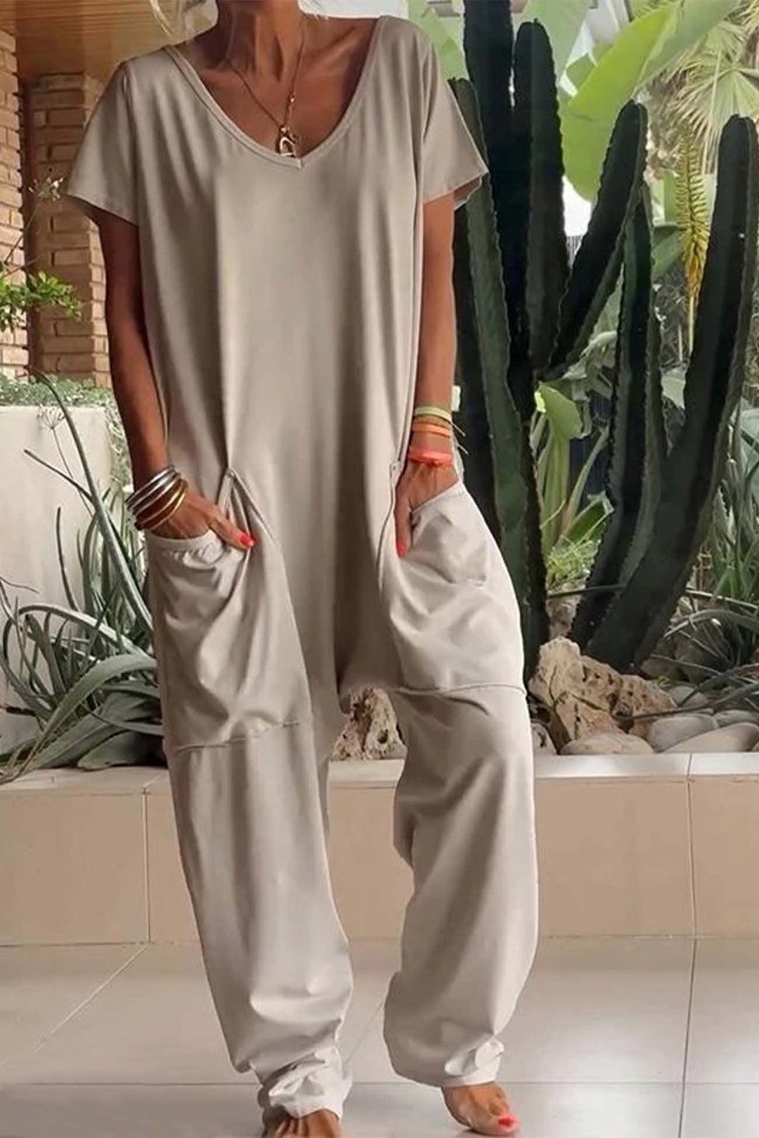 Layla | Linen Blend Jumpsuit V-Neck Short Sleeve Wide Leg Pockets