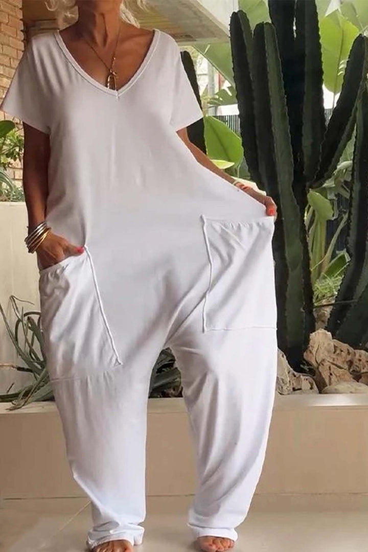 Layla | Linen Blend Jumpsuit V-Neck Short Sleeve Wide Leg Pockets
