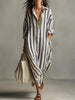 Olivia | Robe Chemise en Lin à V-Cou Rayée Maxi à Manches Longues Taille Libre