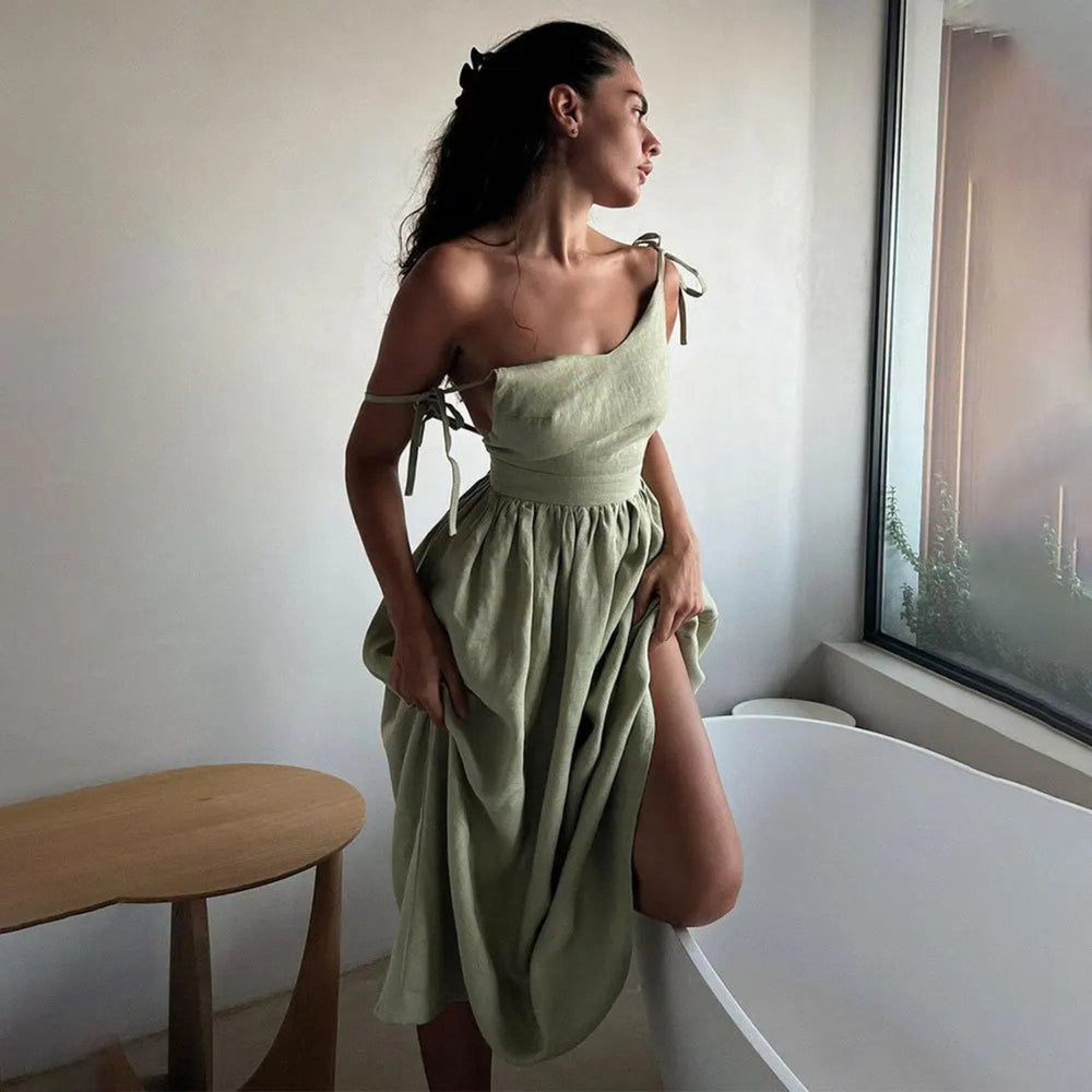 Olivia | Linen Sleeveless Maxi Dress A-Line Open Back Adjustable Tie