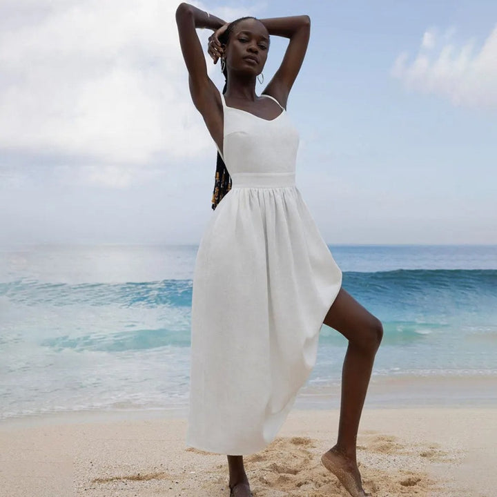 Olivia | Linen Sleeveless Maxi Dress A-Line Open Back Adjustable Tie