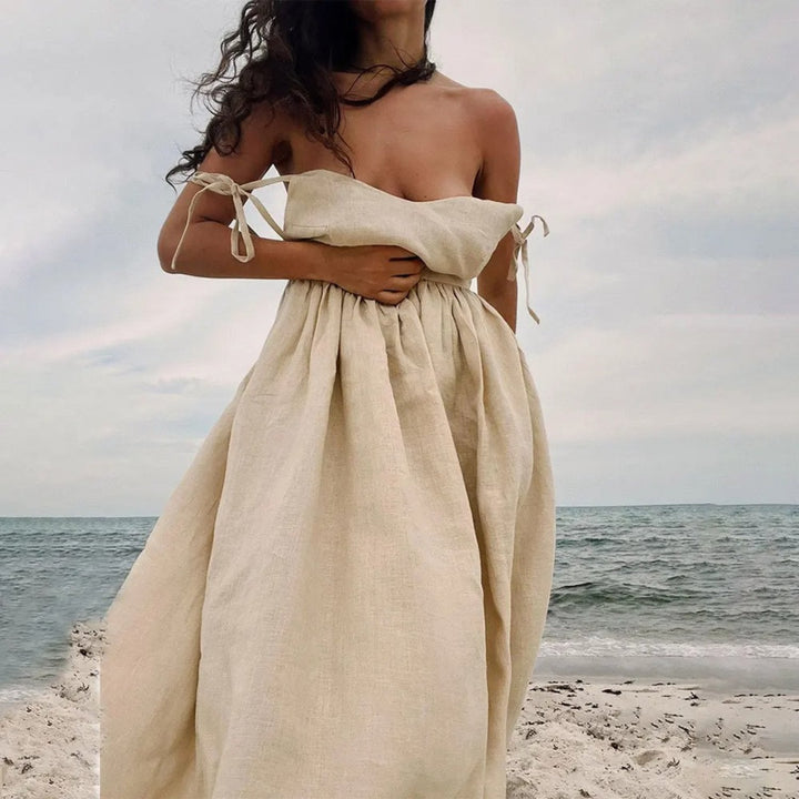 Olivia | Linen Sleeveless Maxi Dress A-Line Open Back Adjustable Tie