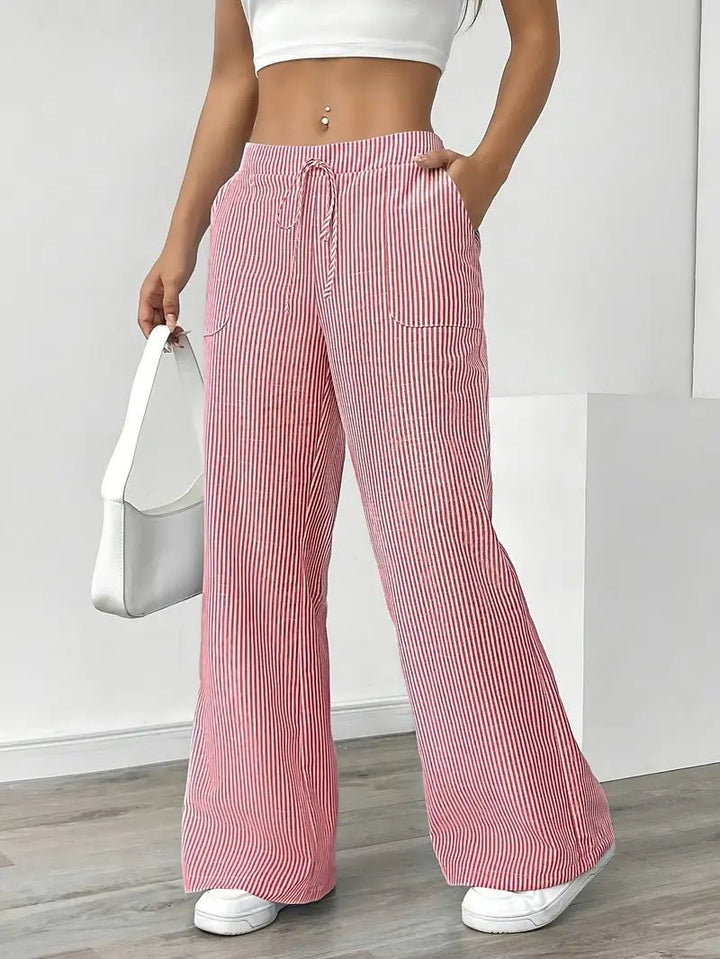 Olivia | Linen Wide Leg Striped Pants Drawstring Waist Pockets