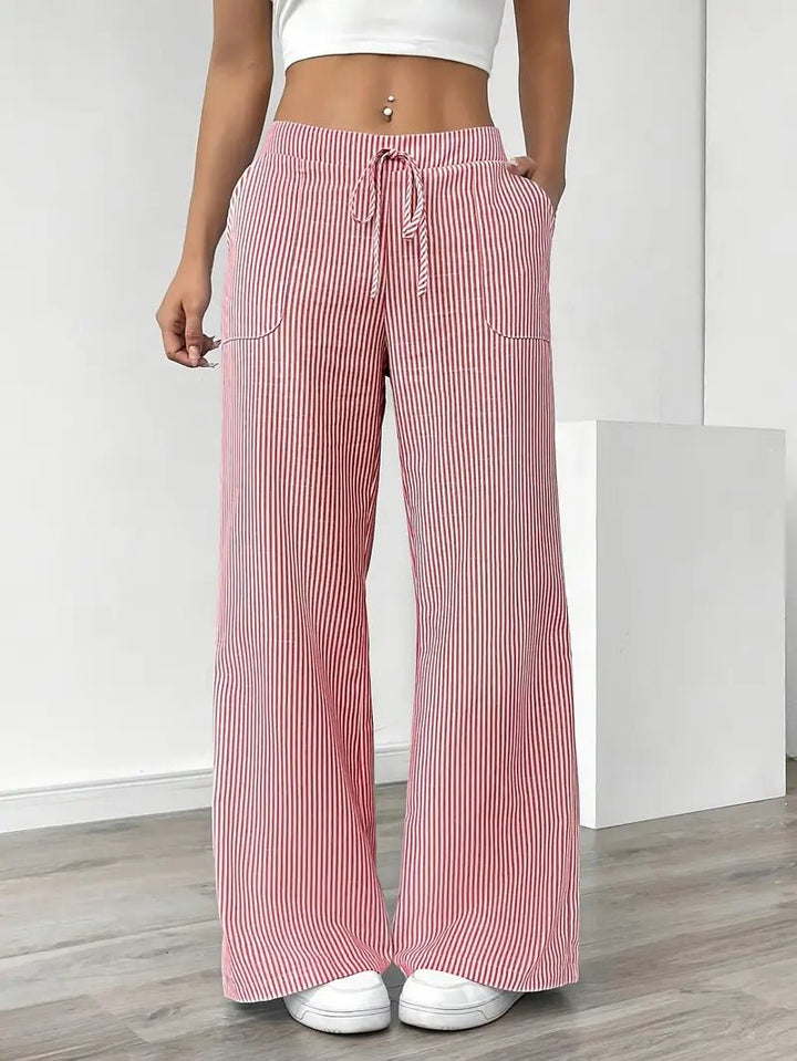 Olivia | Linen Wide Leg Striped Pants Drawstring Waist Pockets