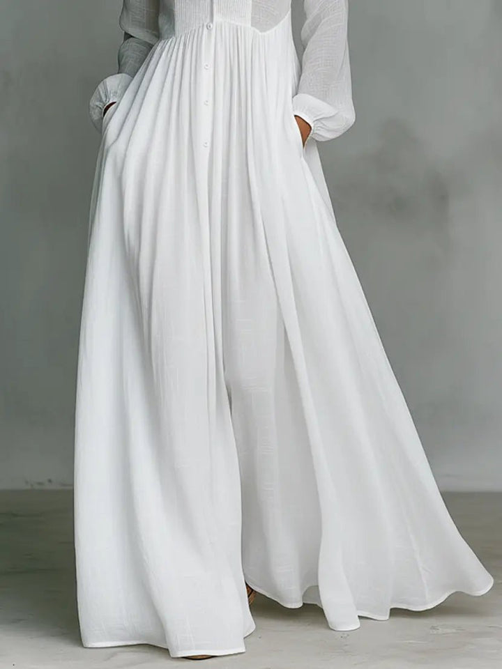 Evelyn | Maxi Dress Cotton Linen Blend Stand Collar Button Front