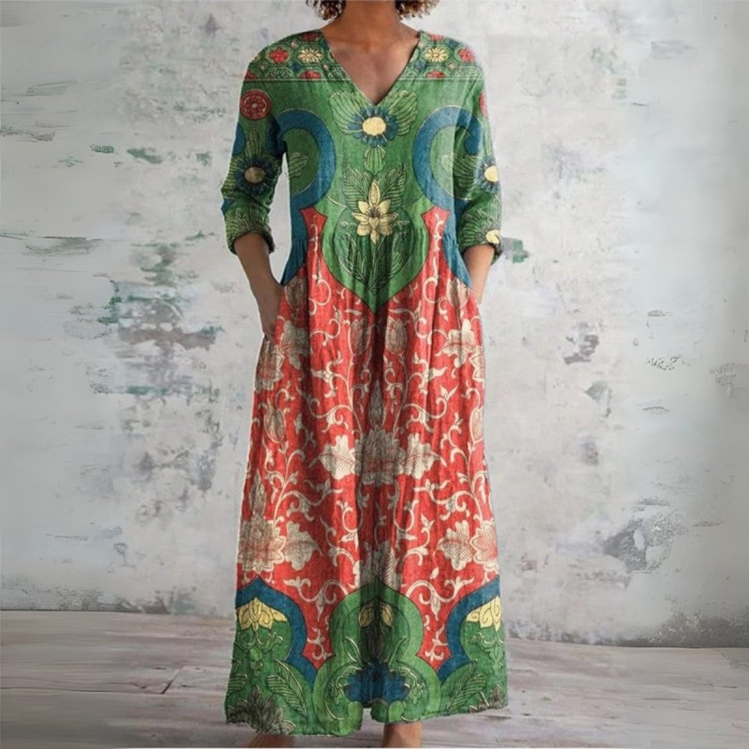 Sophia | Maxi Dress V-Neck Linen Boho Floral Ethnic Long Sleeve