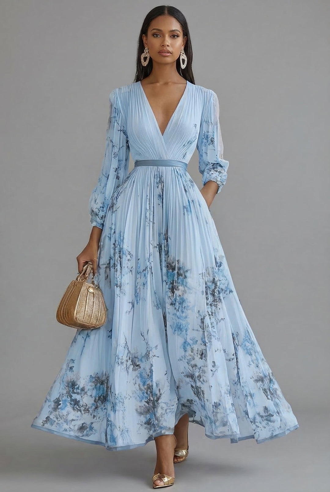 Evelyn | Maxi Dress V-Neck Long Sleeve Pleated Floral Print