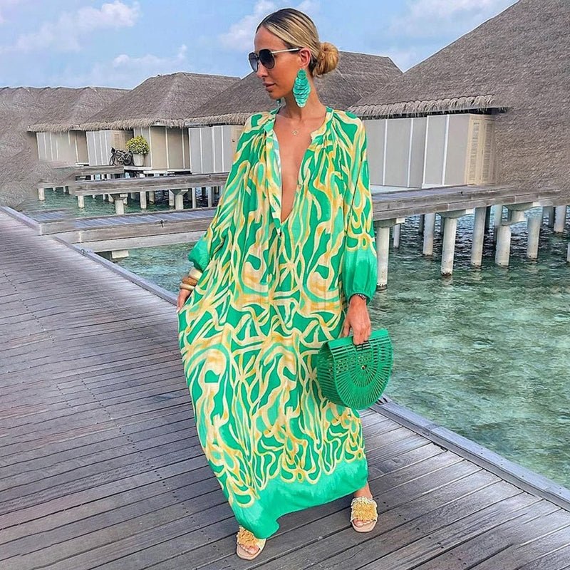 Eleanor | Maxi Kaftan Dress Abstract Print V-Neck Cover Up