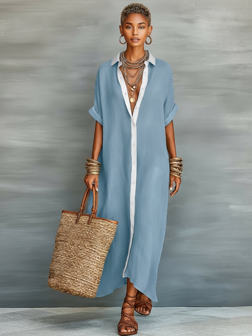 Harper | Maxi Shirt Dress Linen Blend Short Sleeve Minimalist