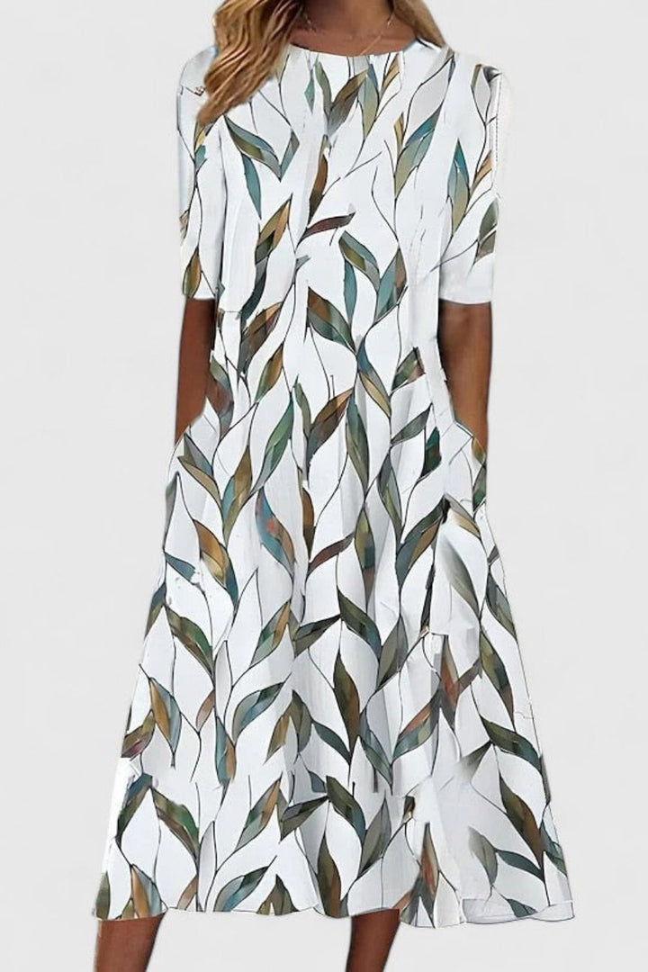 Olivia | Midi Dress Cotton Round Neck Short Sleeve A-Line Pockets