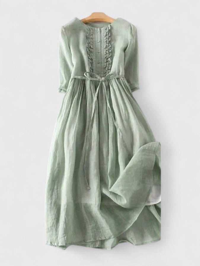 Grace | Midi Dress Lace-Up Back Cotton Linen Three Quarter Sleeve