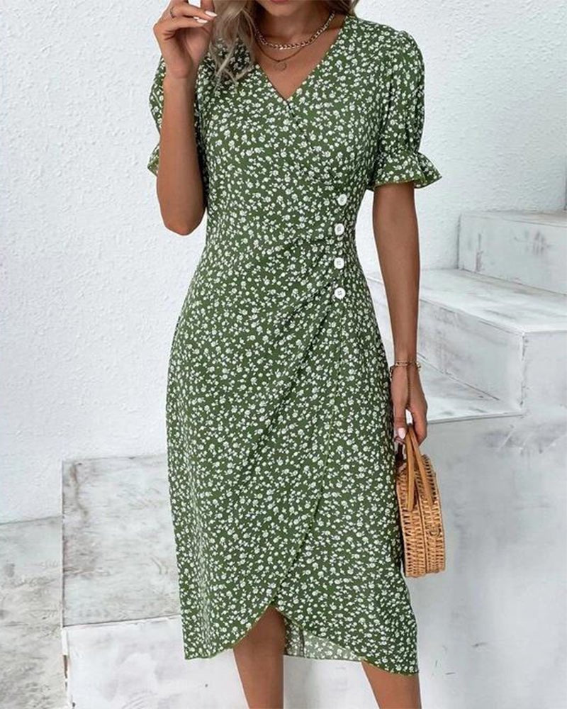 Olivia | Midi Wrap Dress V-Neck Floral Print Button Side
