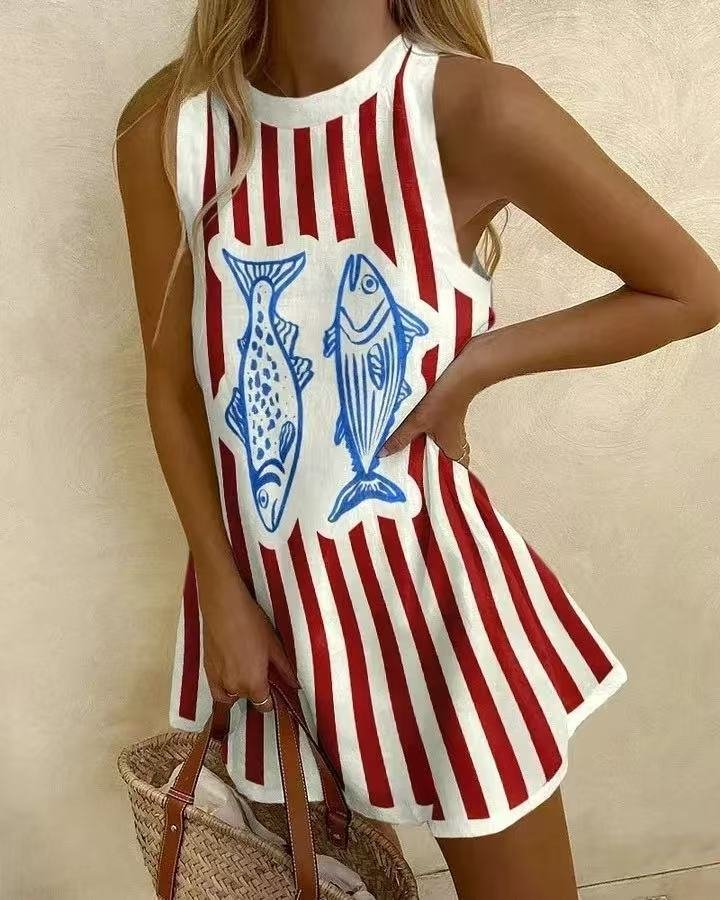 Madison | Mini Tank Dress Sleeveless Striped Fish Print