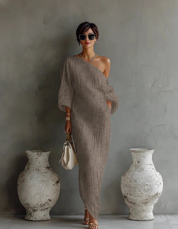 Evelyn | One Shoulder Linen Maxi Dress Asymmetrical Relaxed Fit