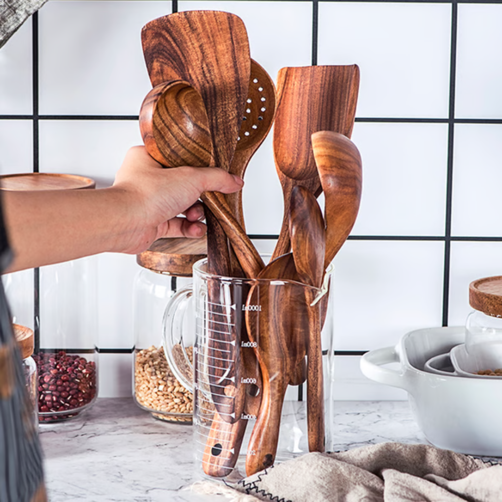 Ustensiles de cuisine en bois teck naturel premium