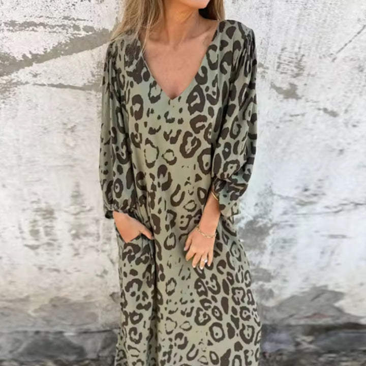Aria | Plus Size Maxi Dress V-Neck Long Sleeve Leopard Print Casual