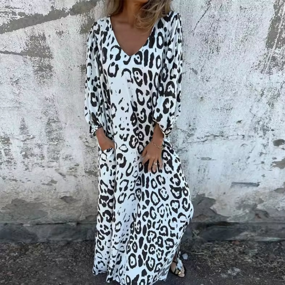Aria | Plus Size Maxi Dress V-Neck Long Sleeve Leopard Print Casual