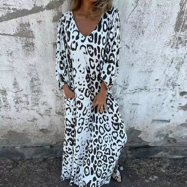 Aria | Plus Size Maxi Dress V-Neck Long Sleeve Leopard Print Casual