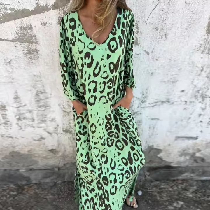 Aria | Plus Size Maxi Dress V-Neck Long Sleeve Leopard Print Casual
